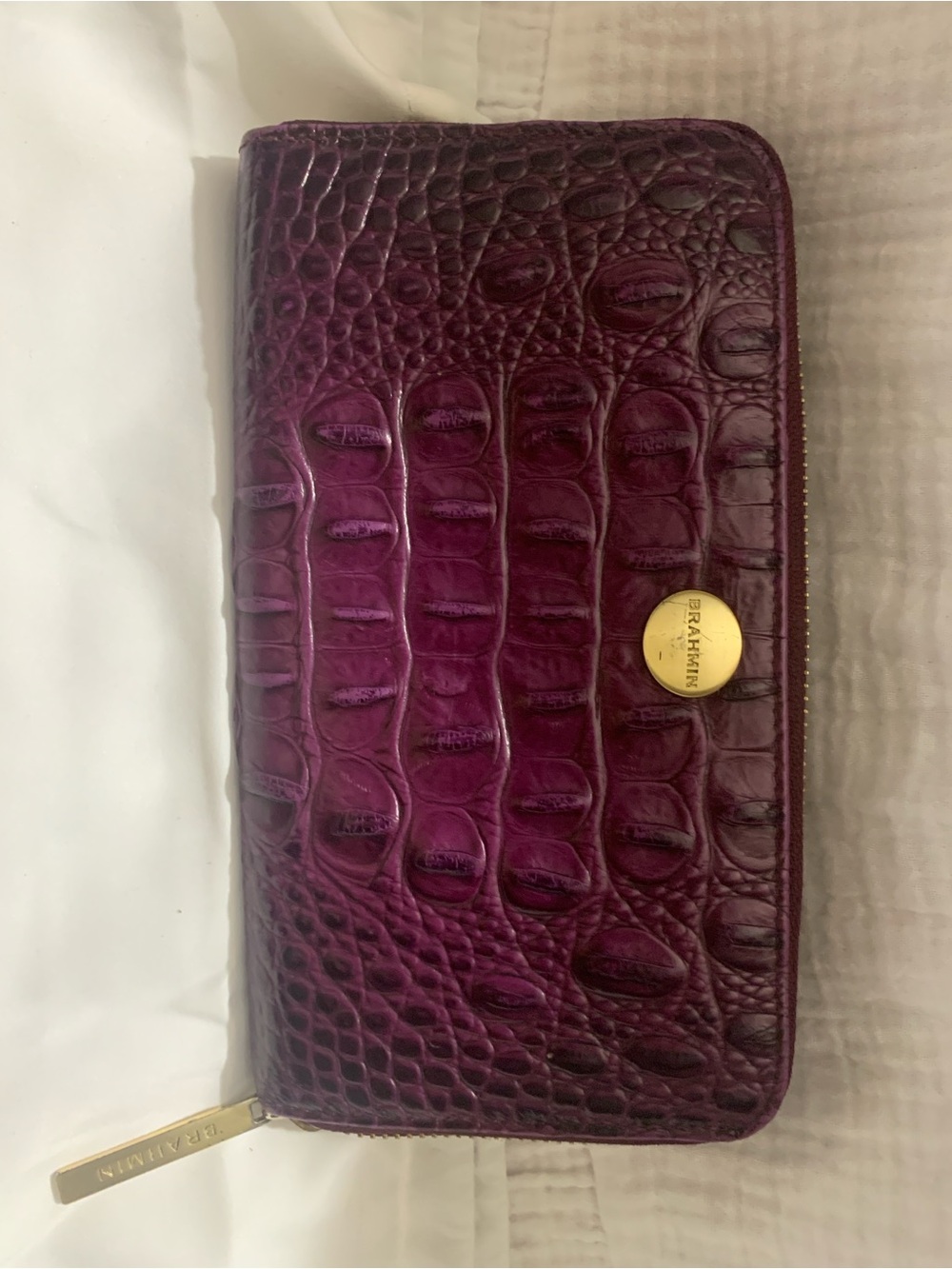 Brahmin Deep Purple Croc-Embossed Zip Wallet with Gold Accent